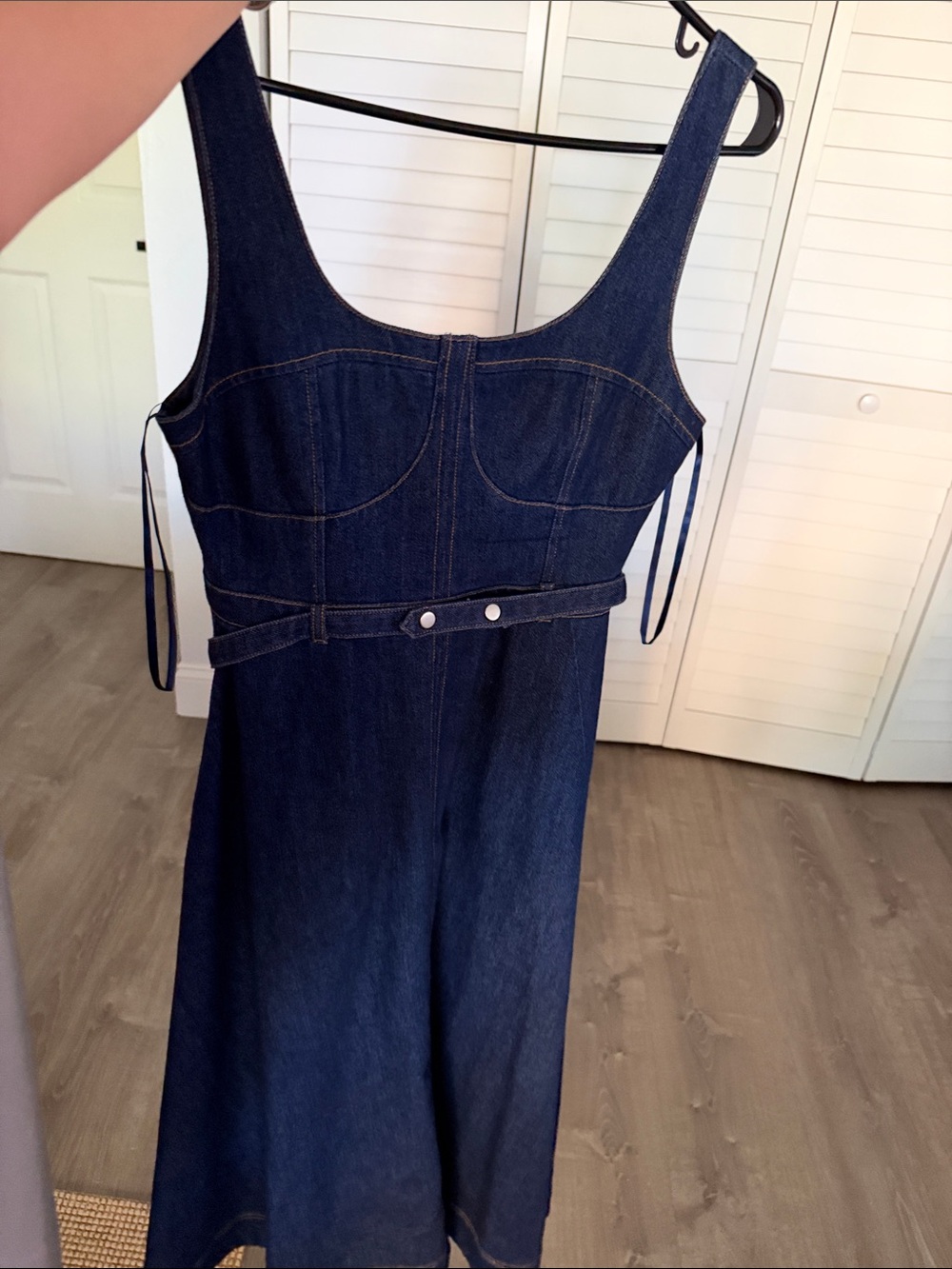 Avec Les Filles Dark Blue Denim Midi Dress with Belted Waist